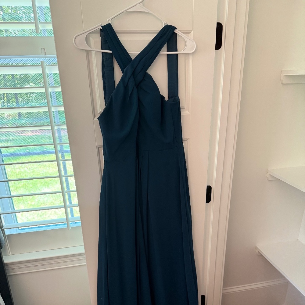 Azazie A4 Bridesmaid / Formal Gown | Criss Cross Halter | Teal Blue